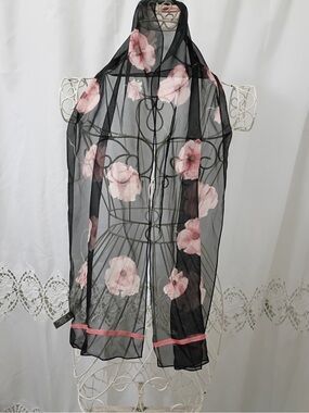Echo Black Sheer pink floral 109% silk Scarf- wrap with Pink Trim 11” x 58”